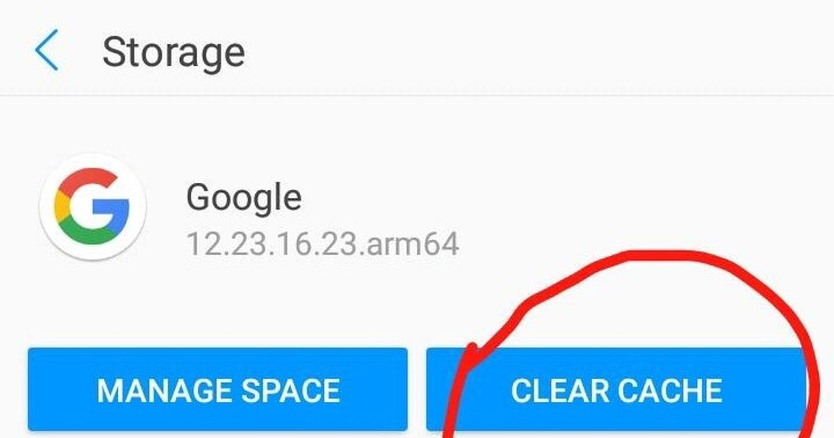 Android Storage settings screen showing the Clear Cache button for an app