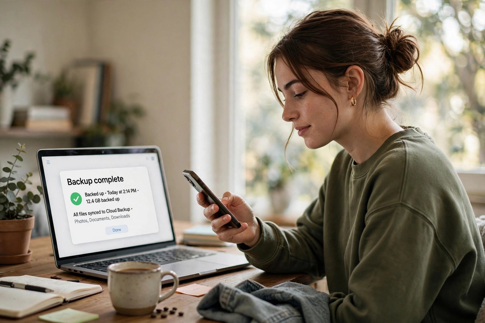 A person holding a smartphone next to a laptop showing a completed backup with a green checkmark