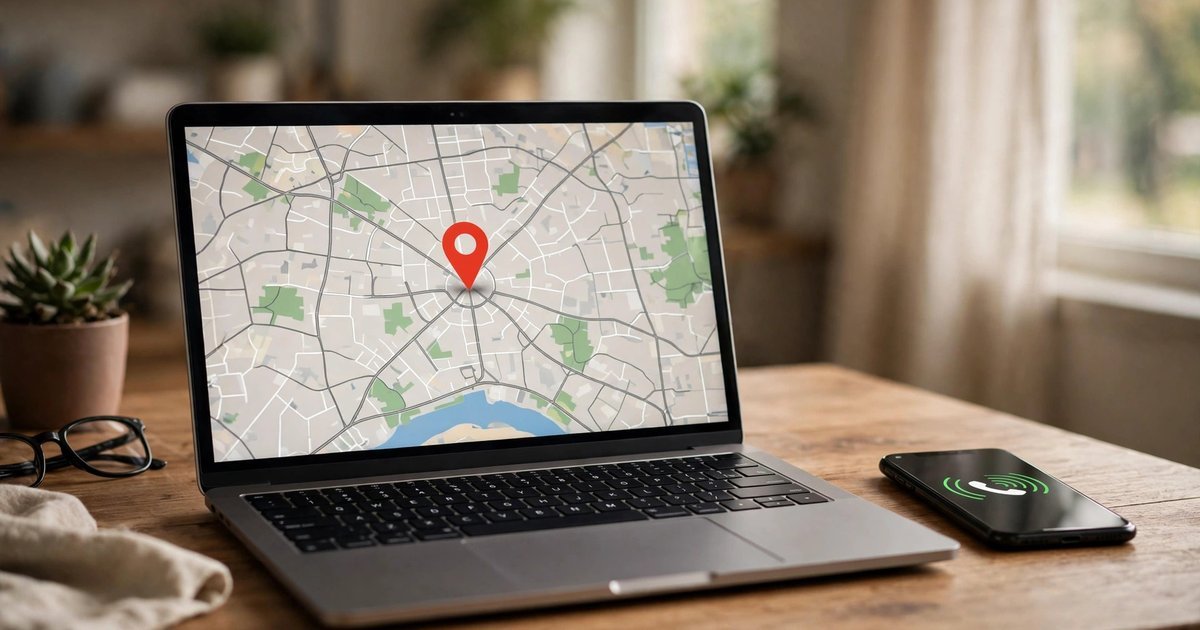 A laptop showing a lost phone's location on a map next to the ringing phone