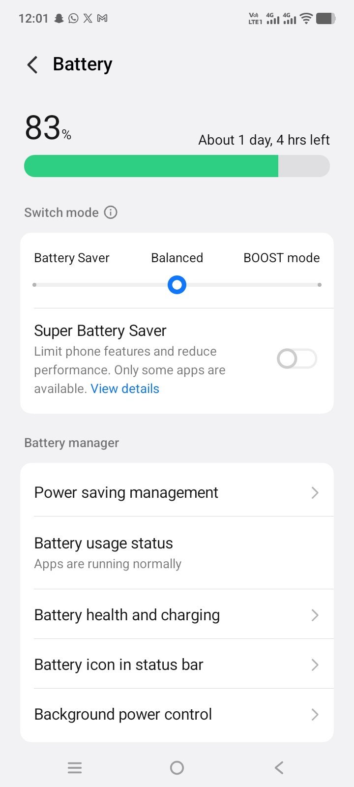 Battery settings screen showing battery health and charging options