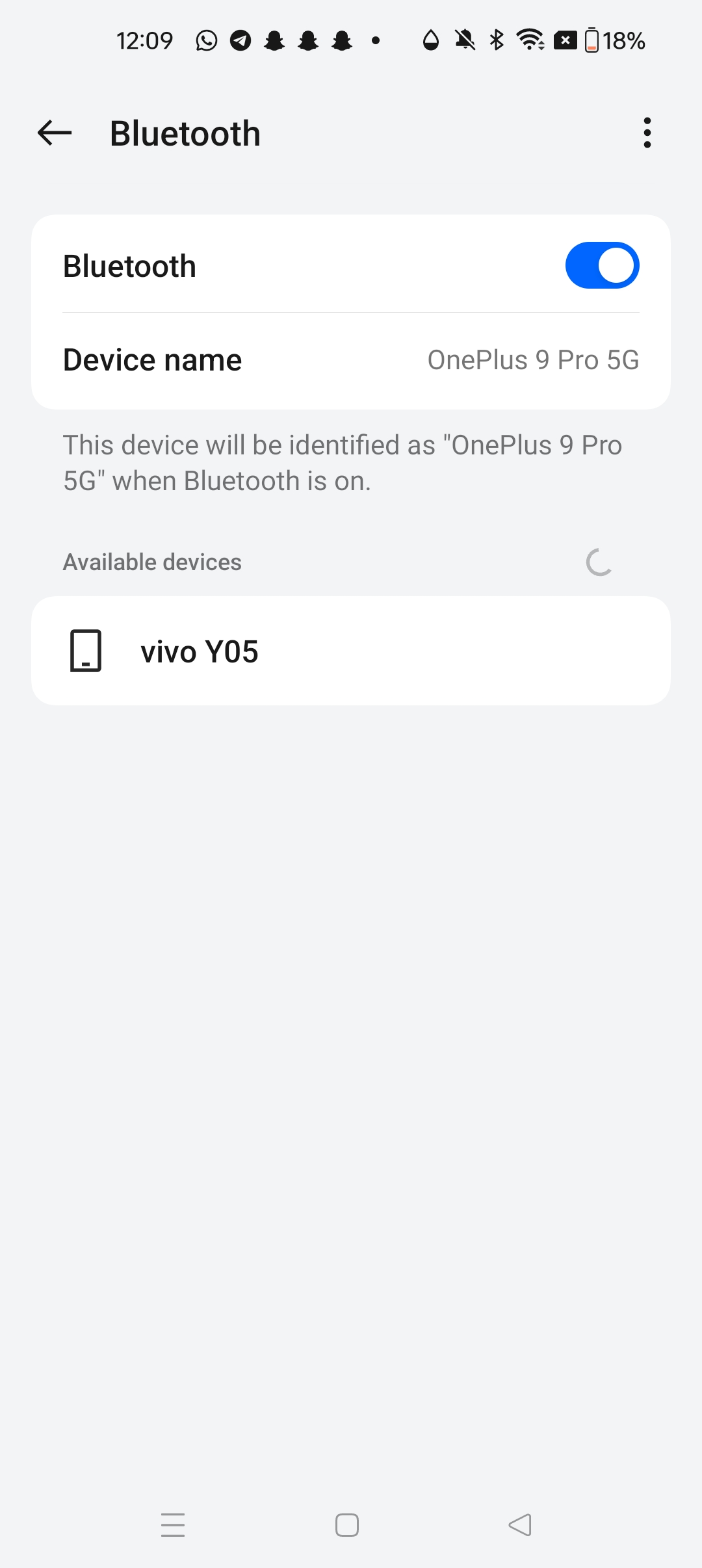Bluetooth turned on, showing available devices (OnePlus 9 Pro 5G)