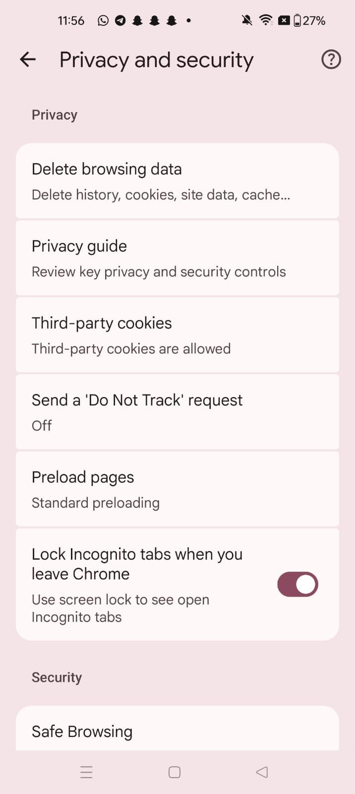 Chrome Privacy and security settings screen