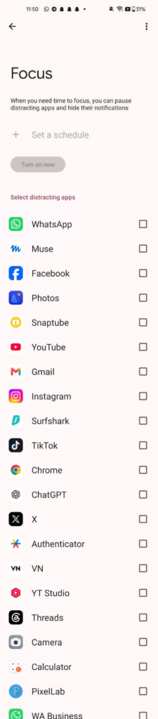 Focus mode app selection screen showing allowed apps
