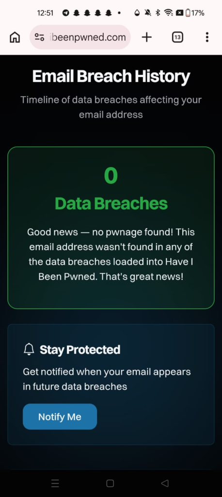 Have I Been Pwned result: 0 data breaches found