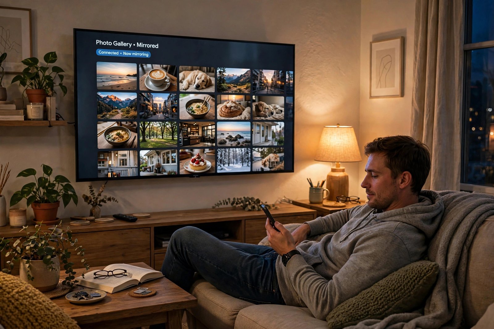 A living room TV mirroring a smartphone's photo gallery while someone relaxes on the couch holding the phone