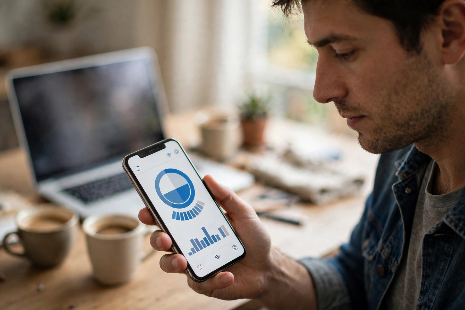 A person checking mobile data usage on a smartphone at a desk