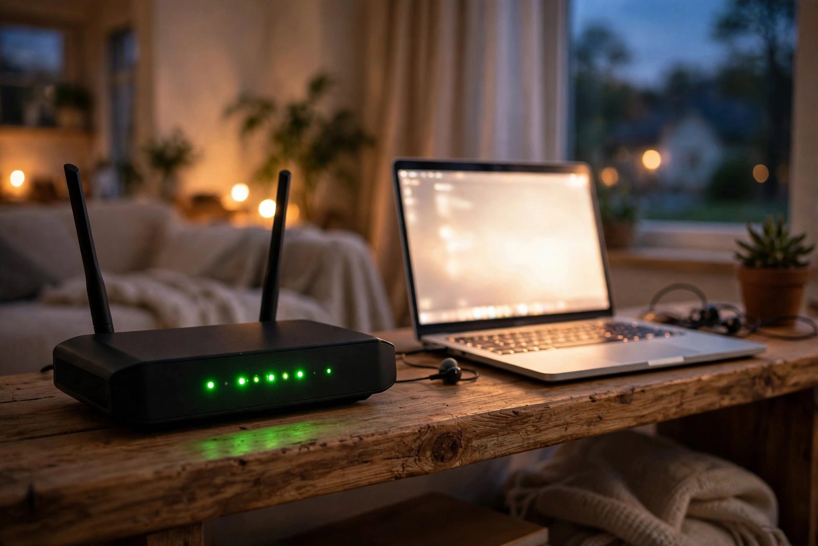 A home WiFi router with glowing green status lights on a wooden shelf at dusk next to a glowing laptop