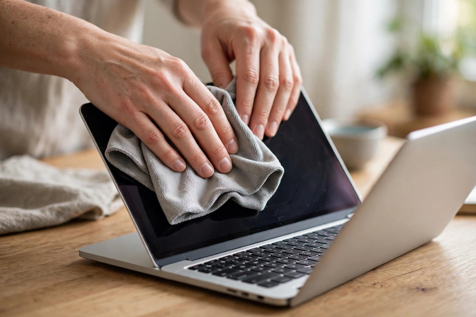 Hands gently cleaning a laptop screen with a soft microfiber cloth