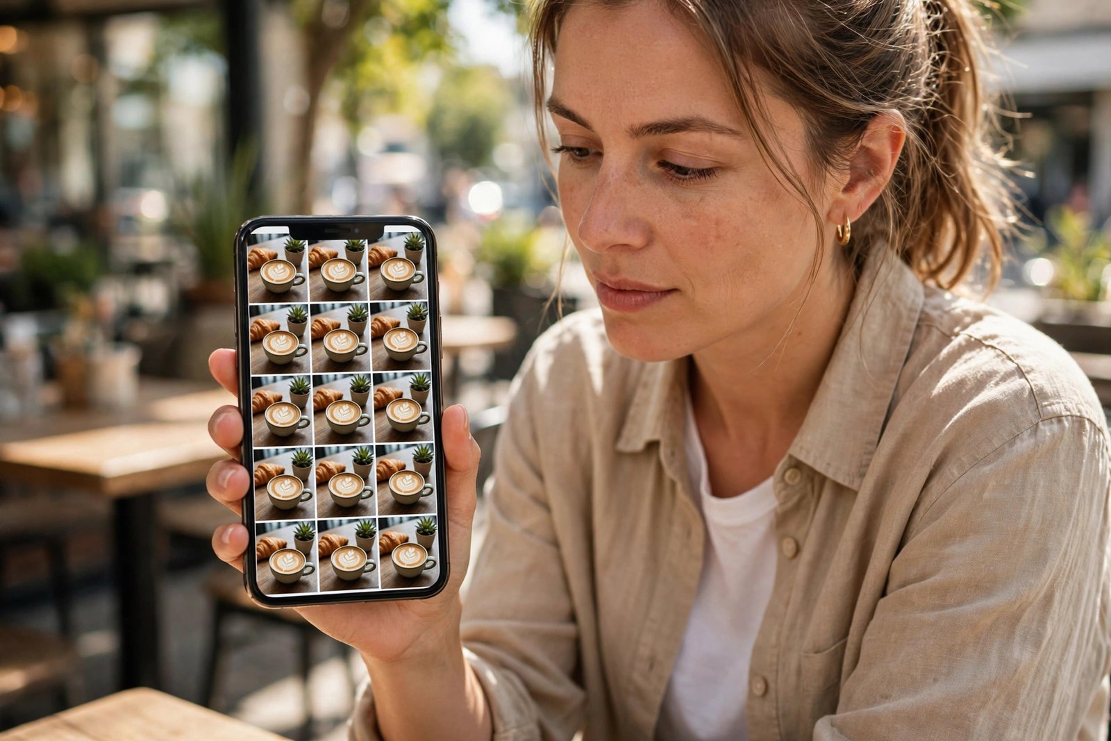 Person holding a smartphone showing a photo gallery full of similar duplicate pictures