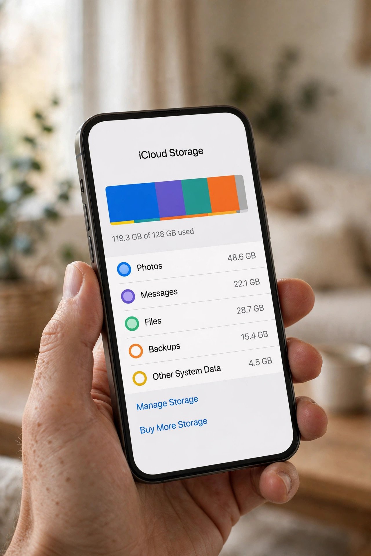 iPhone showing the iCloud storage management screen with a nearly full storage bar