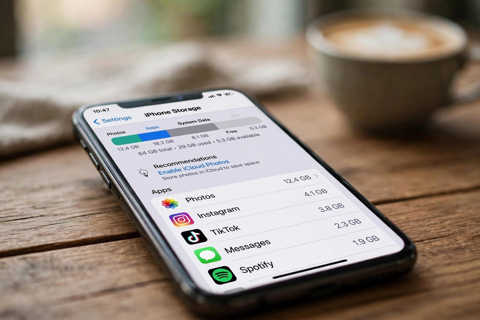 Close-up of an iPhone displaying its storage settings screen on a wooden desk with a coffee cup blurred in the background
