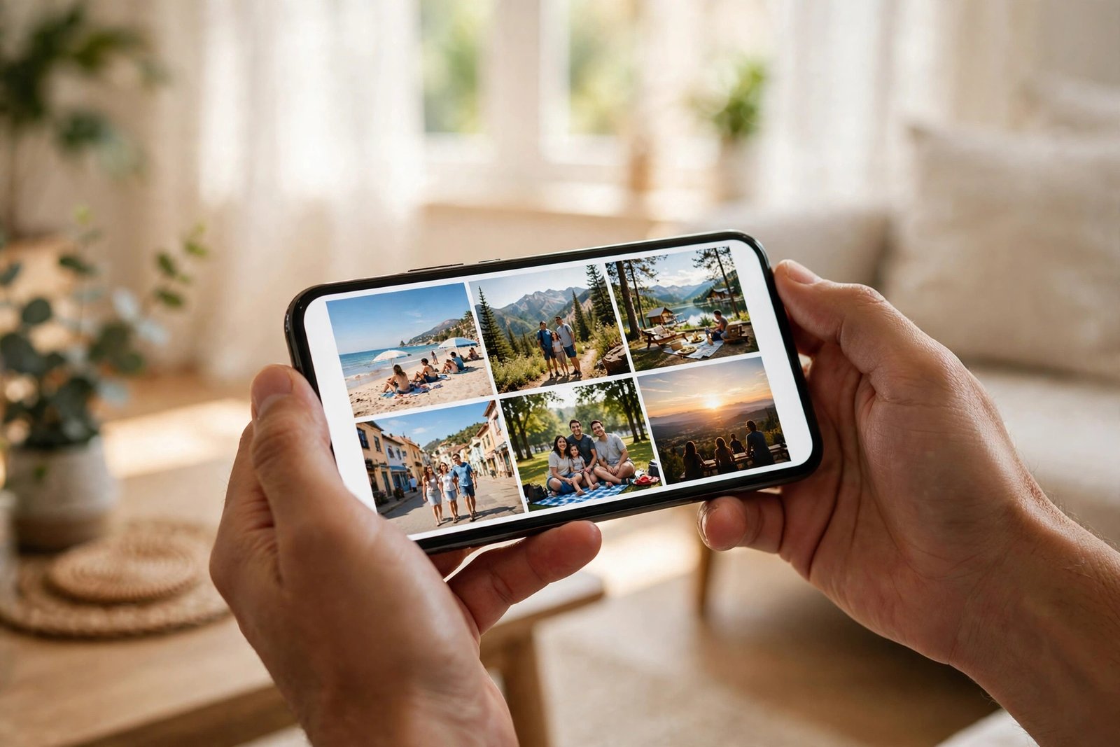 Hands holding a smartphone showing a photo gallery of vacation pictures in a bright living room