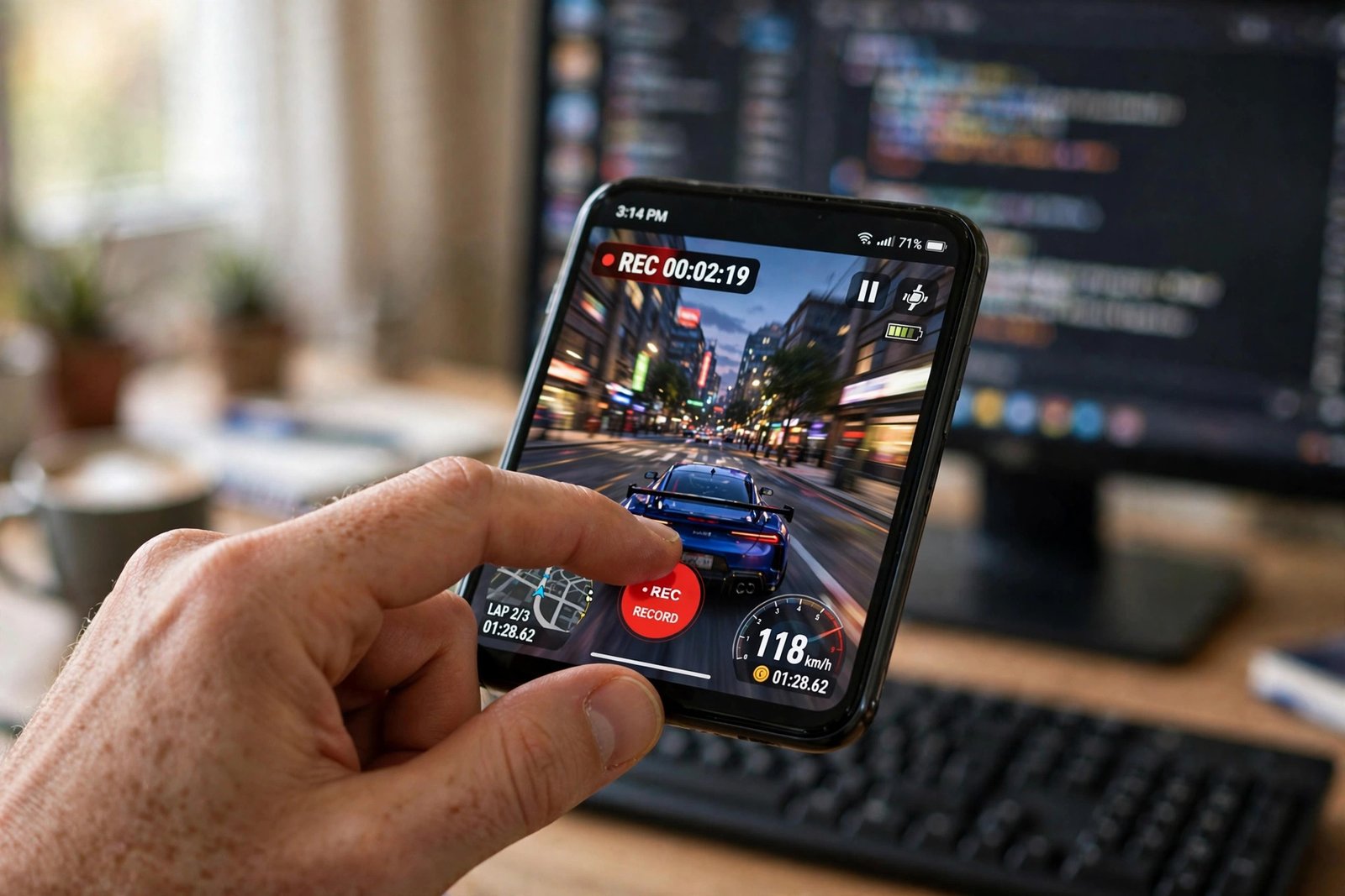 A hand tapping the red screen-record button on a smartphone while a recording timer runs