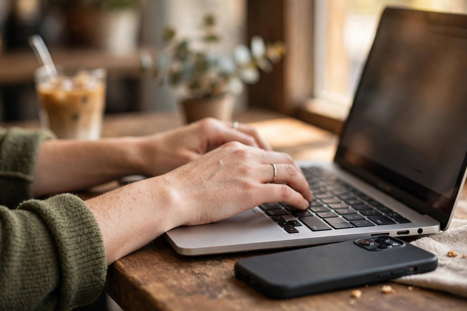A person working on a laptop in a cozy coffee shop, hands on the keyboard with a phone beside it, warm natural window light