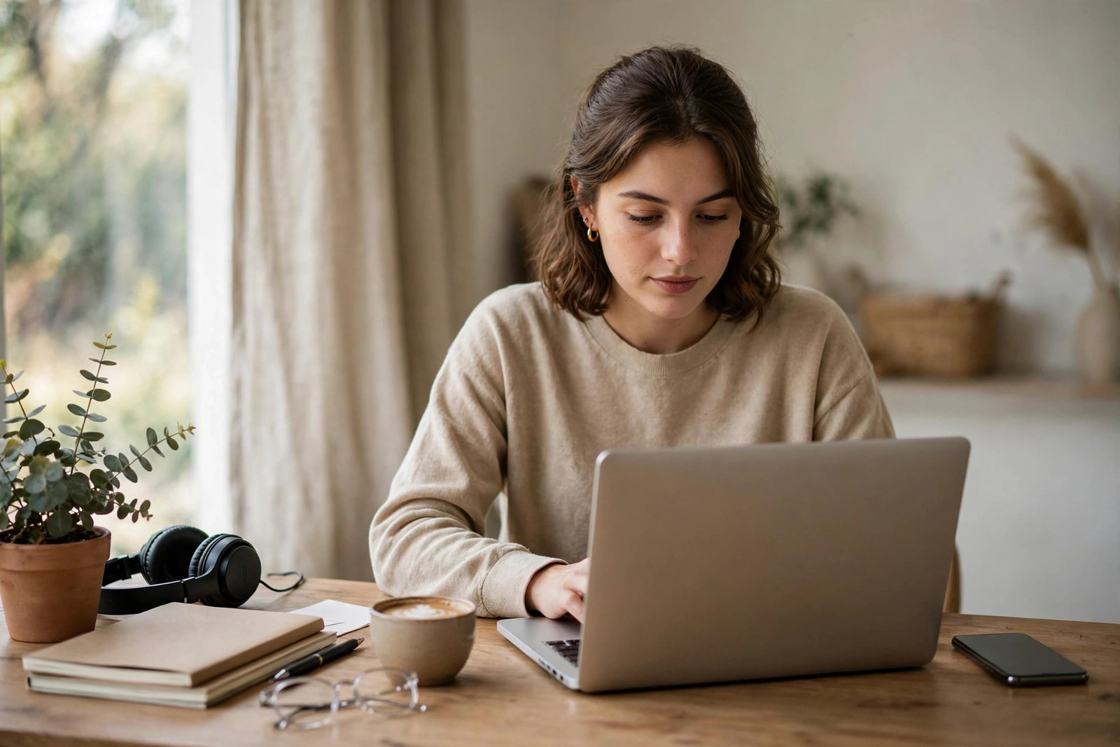 Person working calmly at a desk with a smartphone face-down beside a laptop