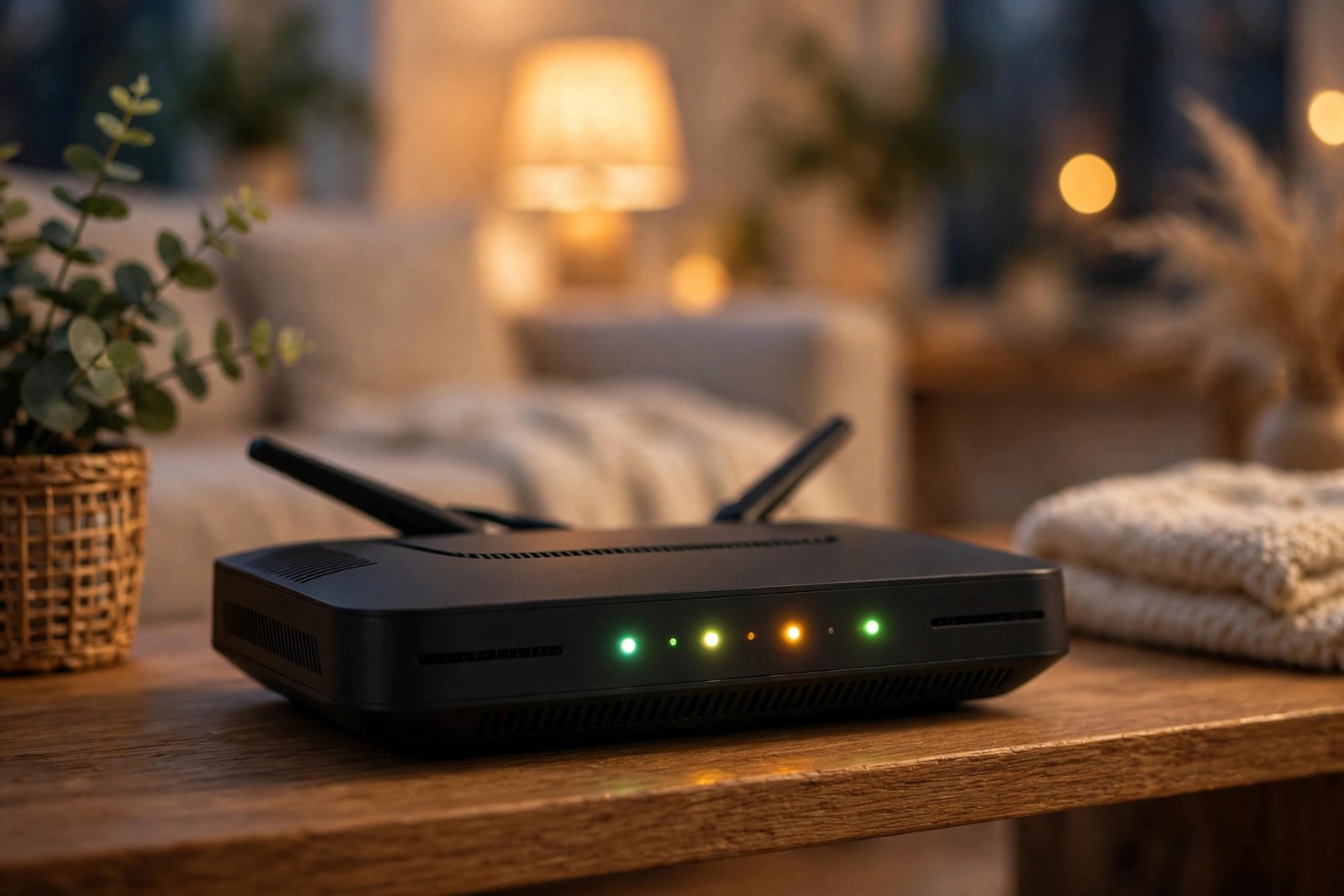 WiFi router on a shelf in a cozy living room