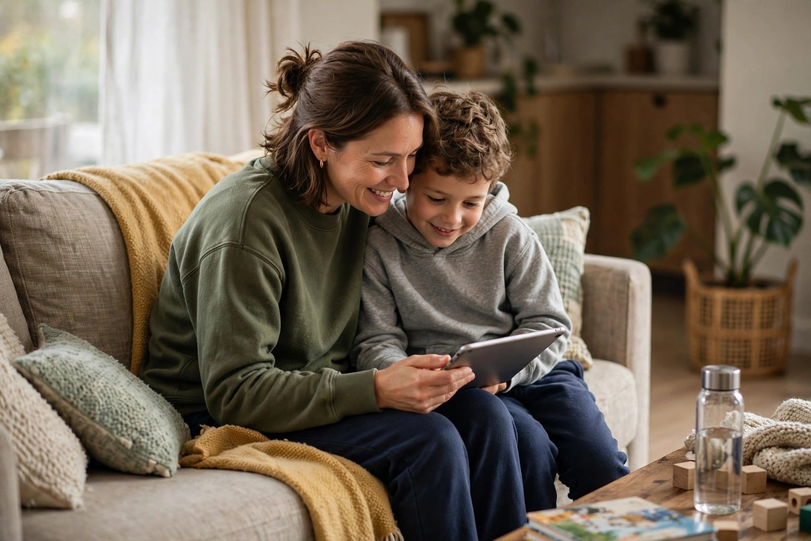 A parent and child using a tablet together with screen time controls