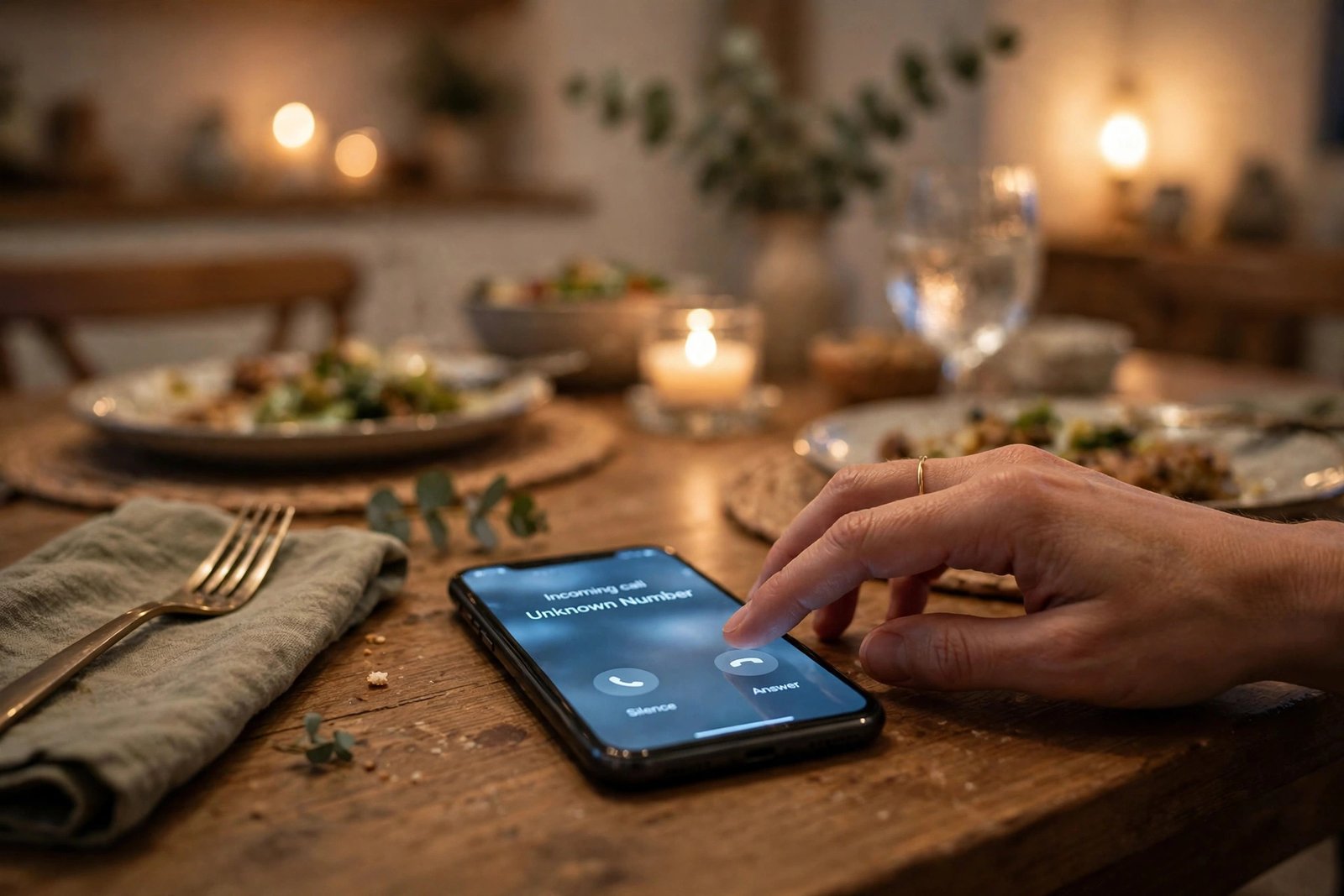 Smartphone on a table showing an incoming call from an unknown number being silenced