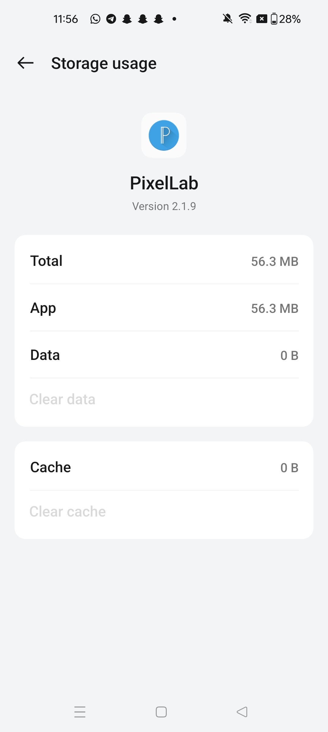 PixelLab app storage usage after clearing cache