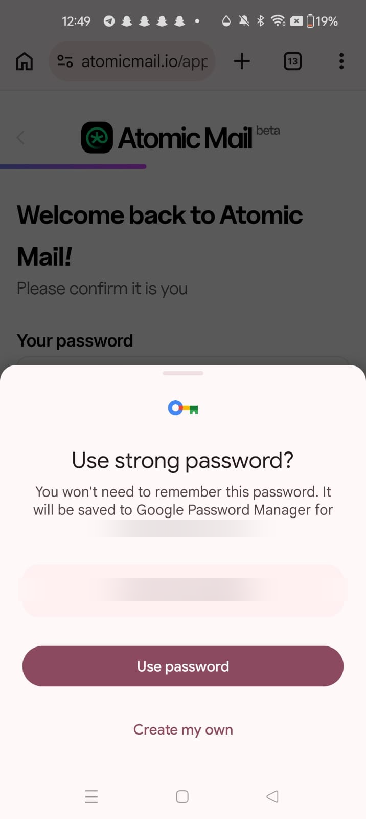 Chrome's 'Use strong password' suggestion (suggested password blurred)