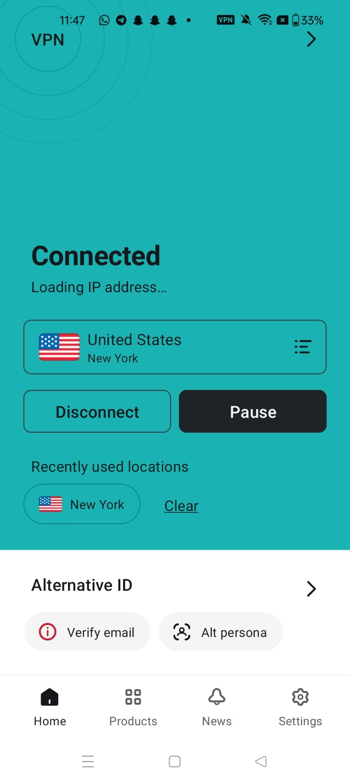 VPN app showing a connected status